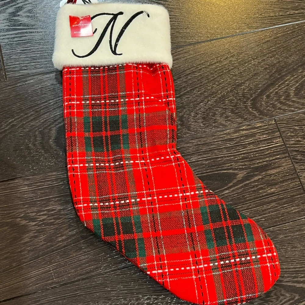 COPY - LETTER N - WONDERSHOP TARGET Plaid RED CHRISTMAS STOCKING MONOGRAM RED 1…